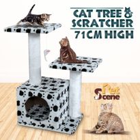 Cat Tree 71cm Gym  Play Center with Cube Burrow/Hanging Toy Mouse - 3 Levels - White with Black Paw Prints