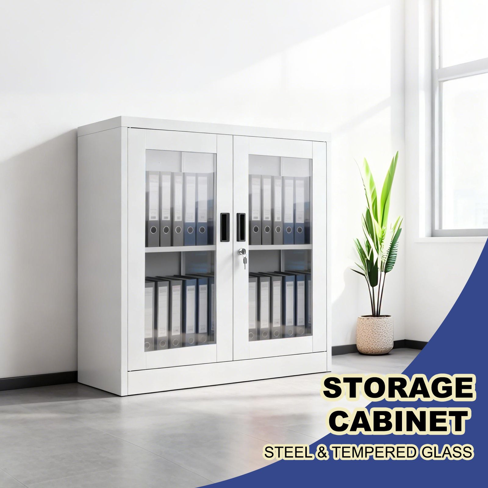 Steel Lockable File Cabinet Office Garage Storage Cupboard Display Shelves Locker Filing Document Stationery Organiser Metal Furniture Tempered Glass