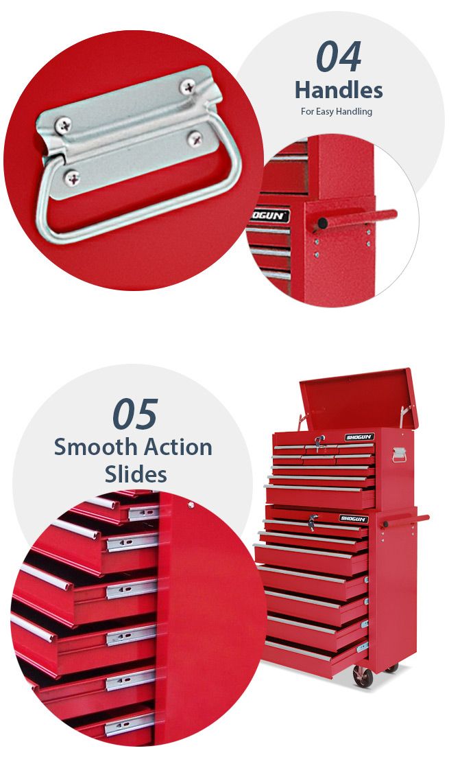 Shogun Mechanic Tool Box on Trolley with 16 Drawers, Side Handles and 4