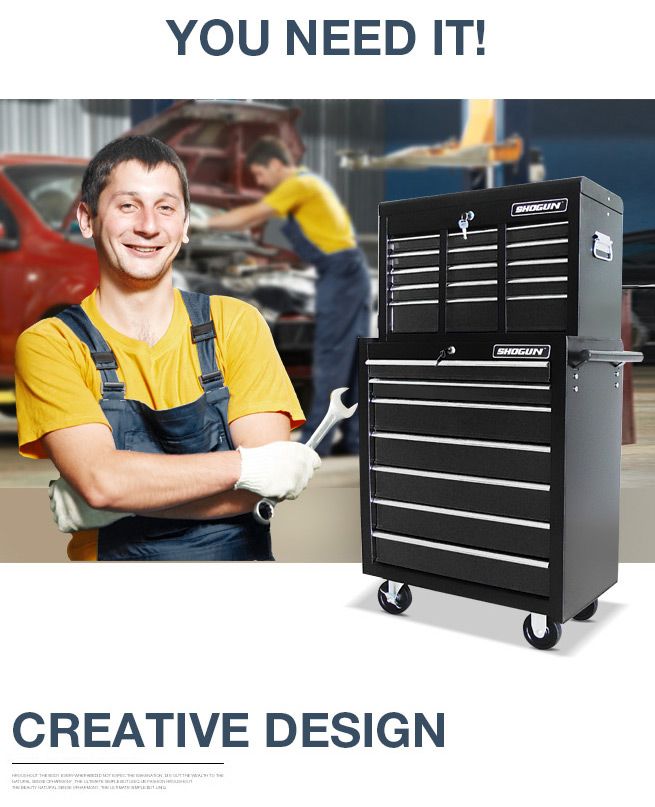 Shogun Mechanic Tool Box on Trolley with 16 Drawers, Side Handles and 4