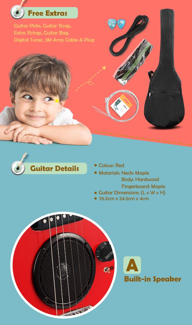 30” Kids Electric Guitar With Built In Speaker Pack & Amp (Red) Crazy
