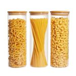 10*30 CM Glass Food Storage Jars, Set of 3 Large Food Containers with Airtight Bamboo Wood Lids for Pasta, Nuts, Flour, Storage Containers