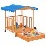Kids Playhouse Sand Pit Wooden Box Canopy Children Play Ground Station Outdoor Toys Seat Rolling Wheel Backyard Activity Center Retractable Kidbot