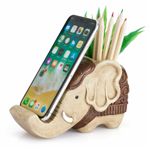 Pen Holder with Phone Stand,Resin elephant Shaped Pen Container Cell Phone Stand Carving Brush Scissor Holder Desk Organizer Decoration(Retro Brown)