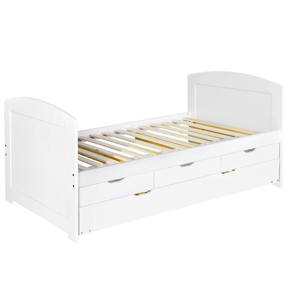 Wooden Bed Frame Pine Wood with Drawers - Single White