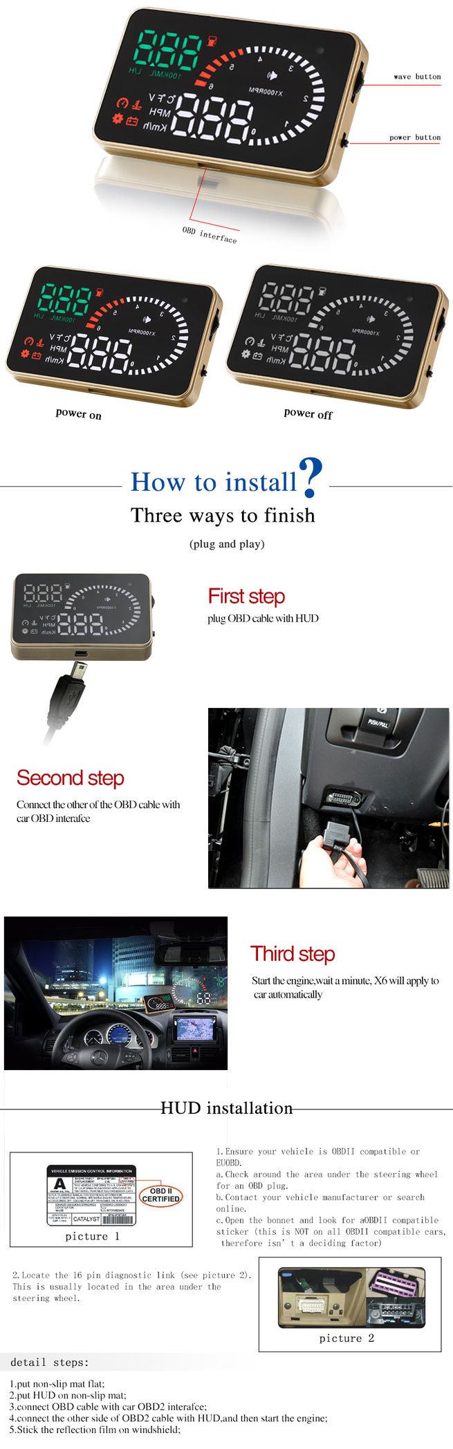 Car HUD Head Up Display With OBD2 Interface Speed Warning System fit for X6