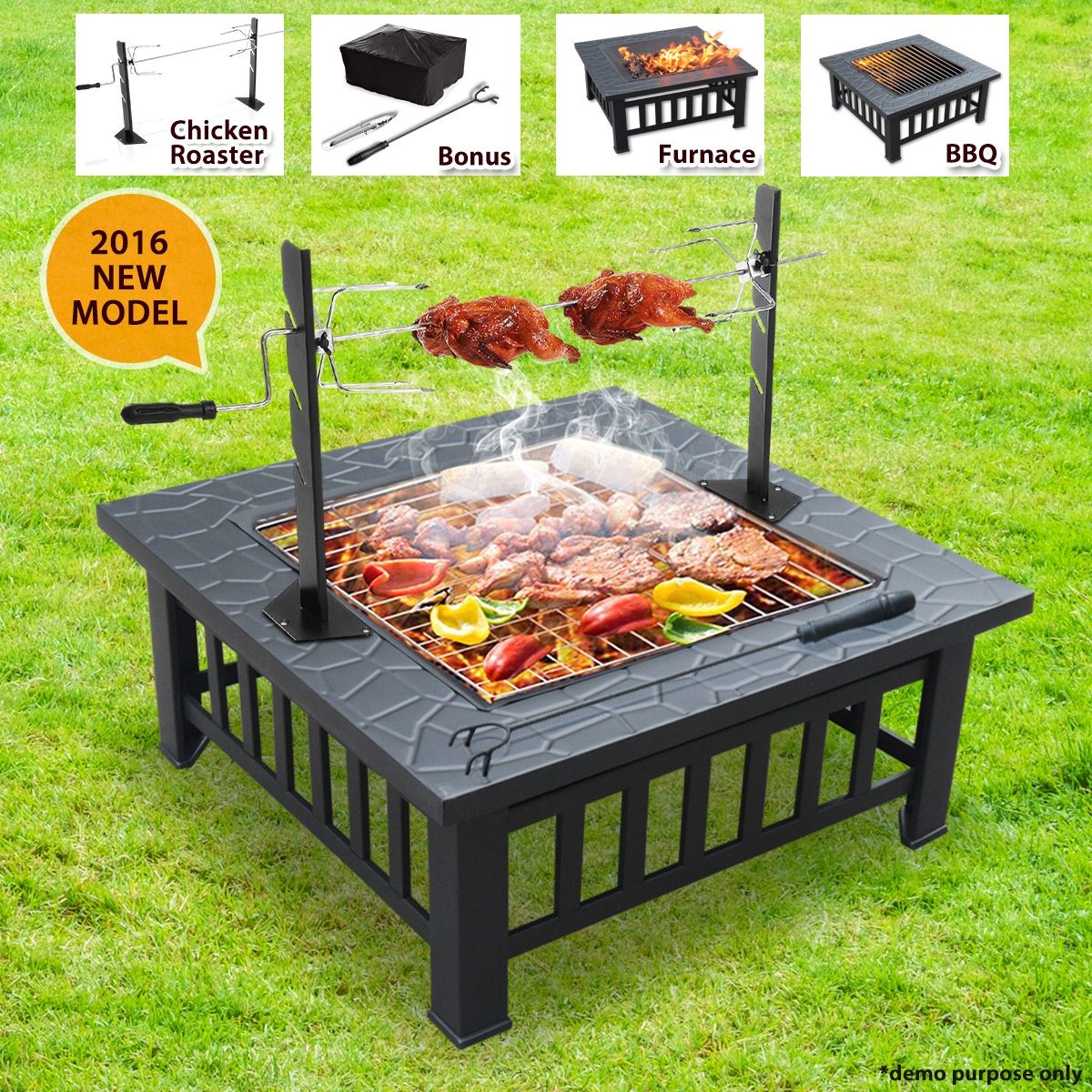 BBQ Grill Fire Pit with Removable Chicken Rotisserie