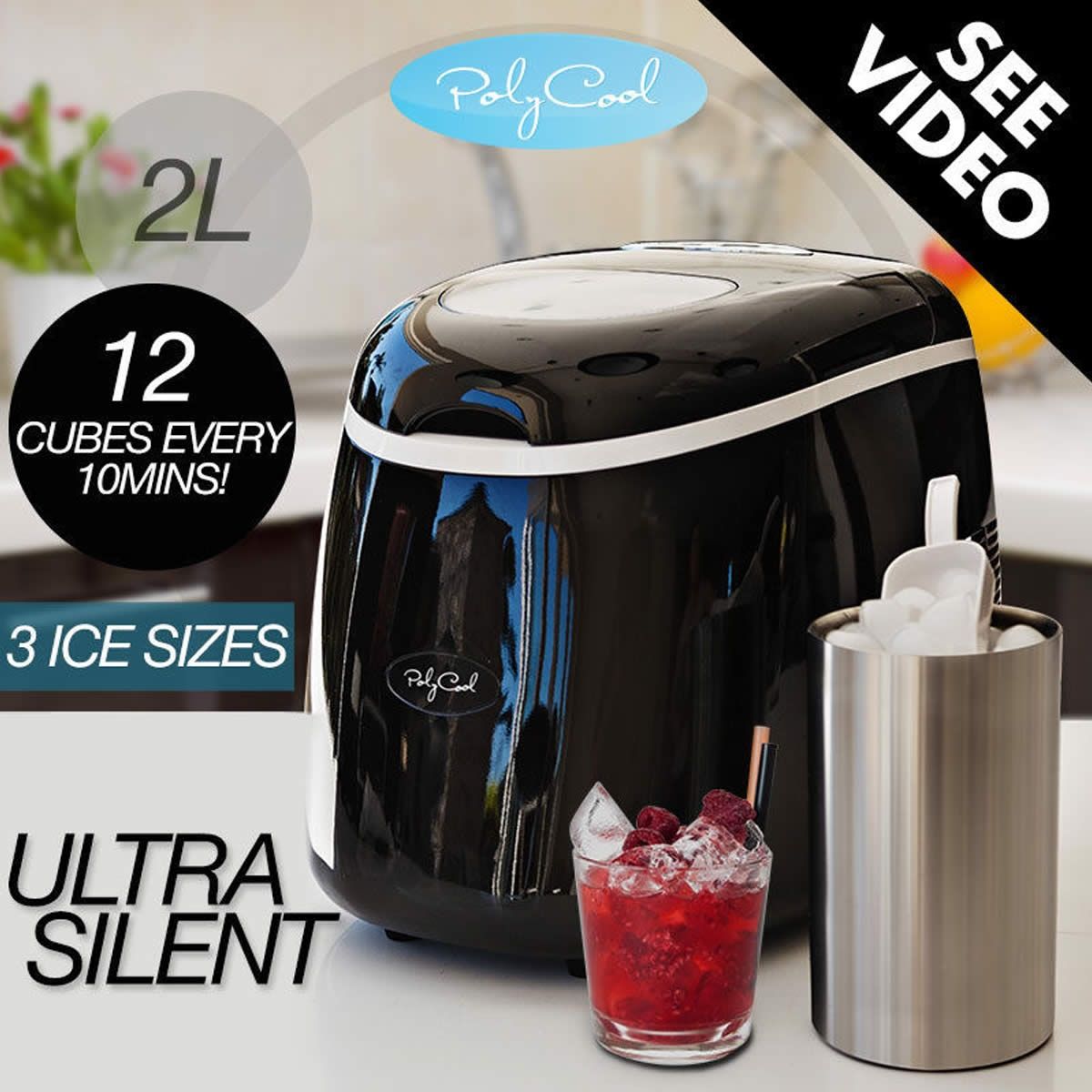 PolyCool Portable Ice Cube Maker 2L Black
