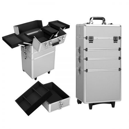 4 in 1 Portable Beauty Make up Cosmetic Trolley Case - Silver