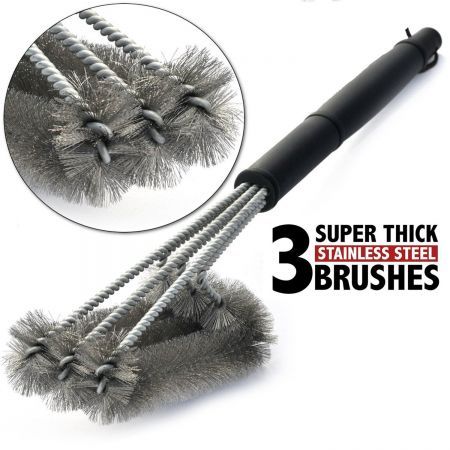 BBQ Grill Brush 3 Heads 18" Handle Stainless Steel Bristles Barbecue Cleaner