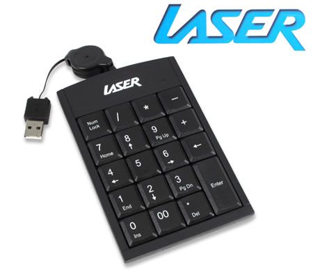 Laser Number Keypad with Built-In 2 Port USB Hub - Black