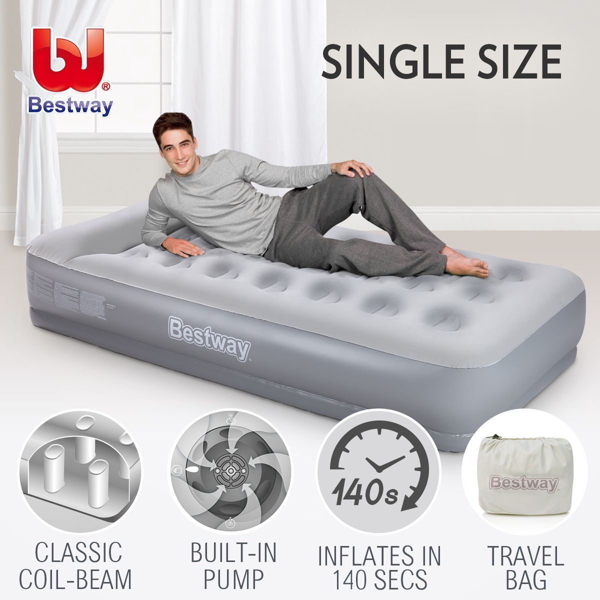 Bestway Single Inflatable Flocked Mattress Builtin Pillow & Pump