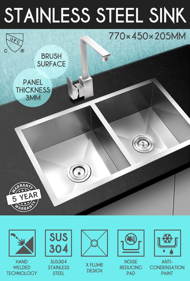 Premium Stainless Steel Kitchen Sink with 5 sound deadening pads to