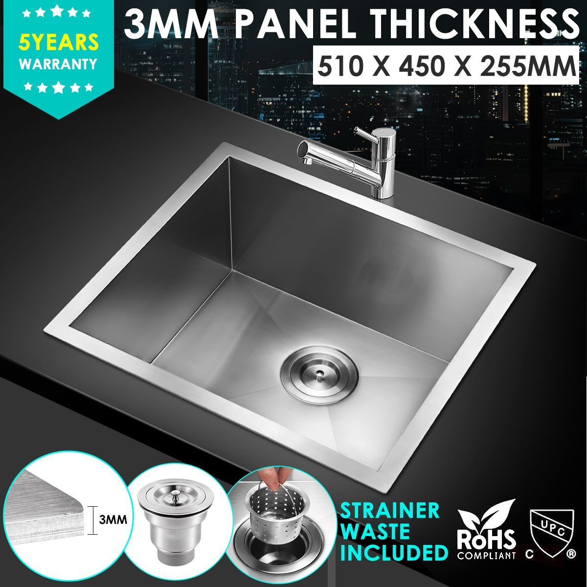 51x45cm Stainless Steel Under/Topmount Kitchen Sink