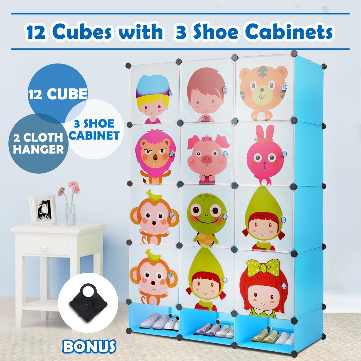 Kids DIY 12 Cubes Storage W/ 3 Shoes Rack Bedroom Cabinet Closet Origanizer-Blue