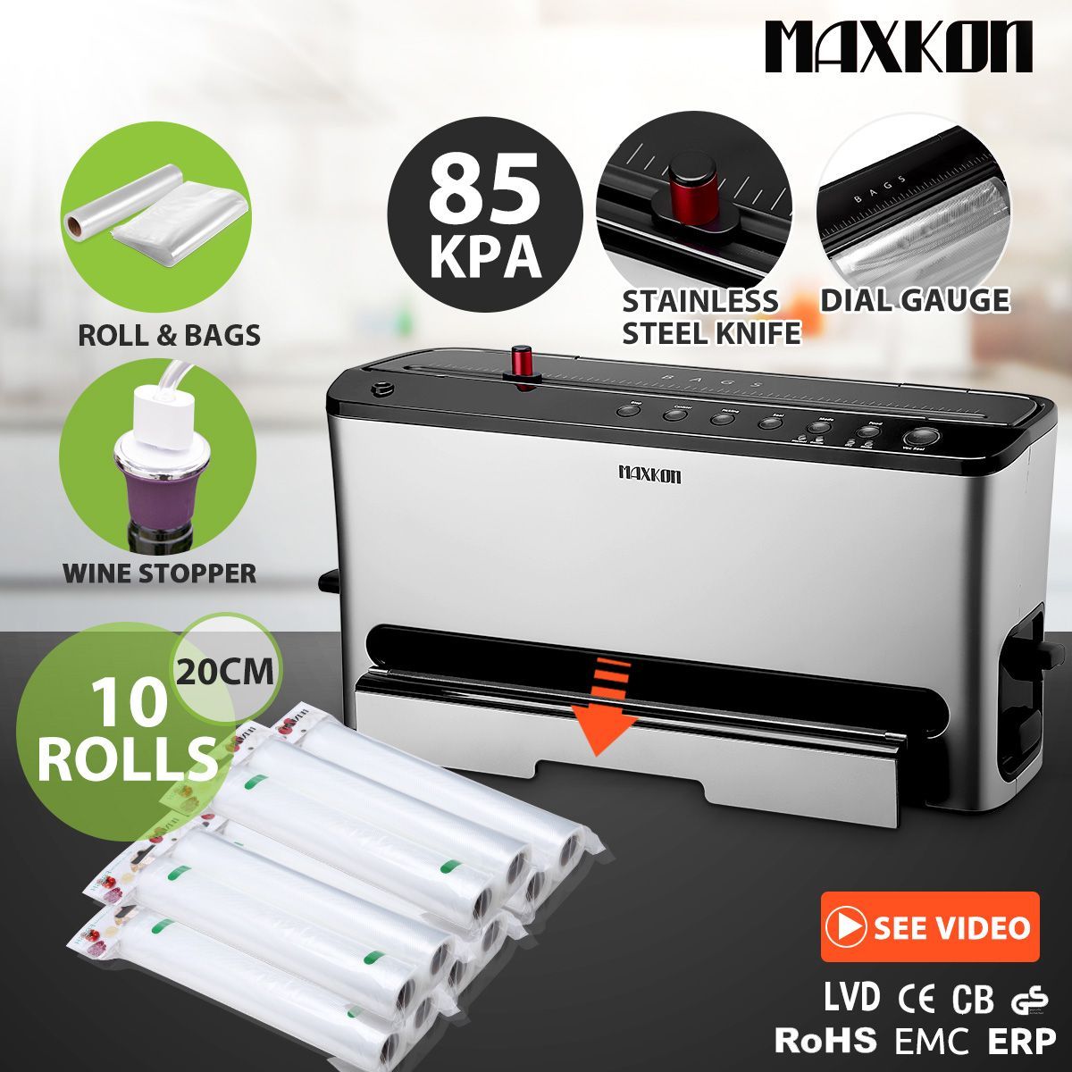 Maxkon Vertical Vacuum Sealer Food Saver Kingbags & 10 Rolls 20CM
