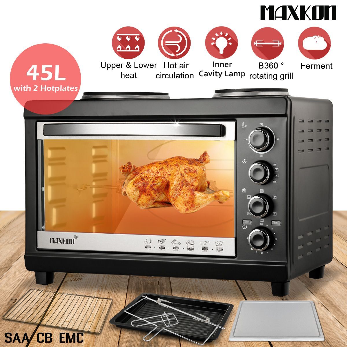 45L Electric Benchtop Convection Oven Toaster Cooker With Hotplates