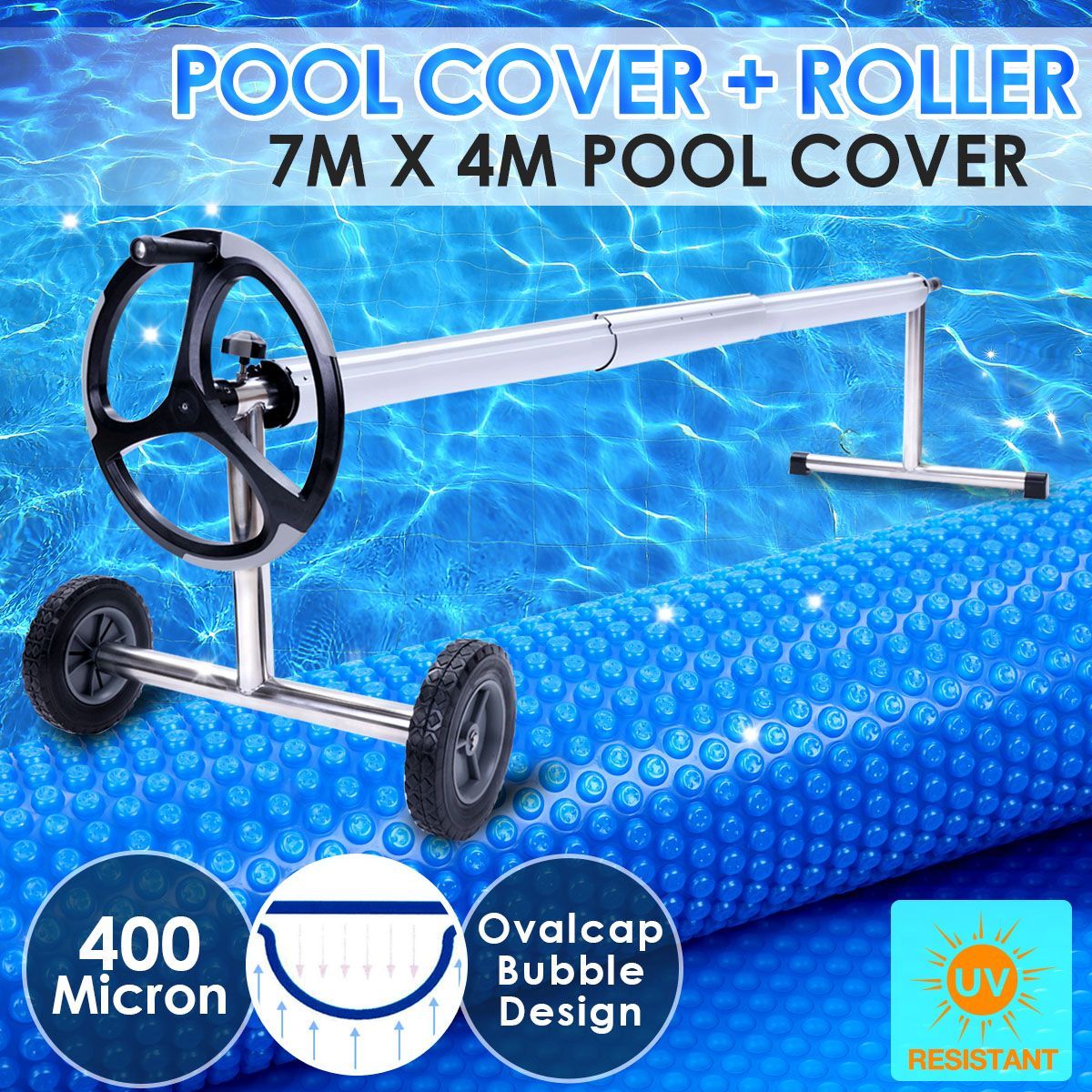 400 Micron Solar Swimming Pool Cover Blanket 7M x 4M+Roller Wheel