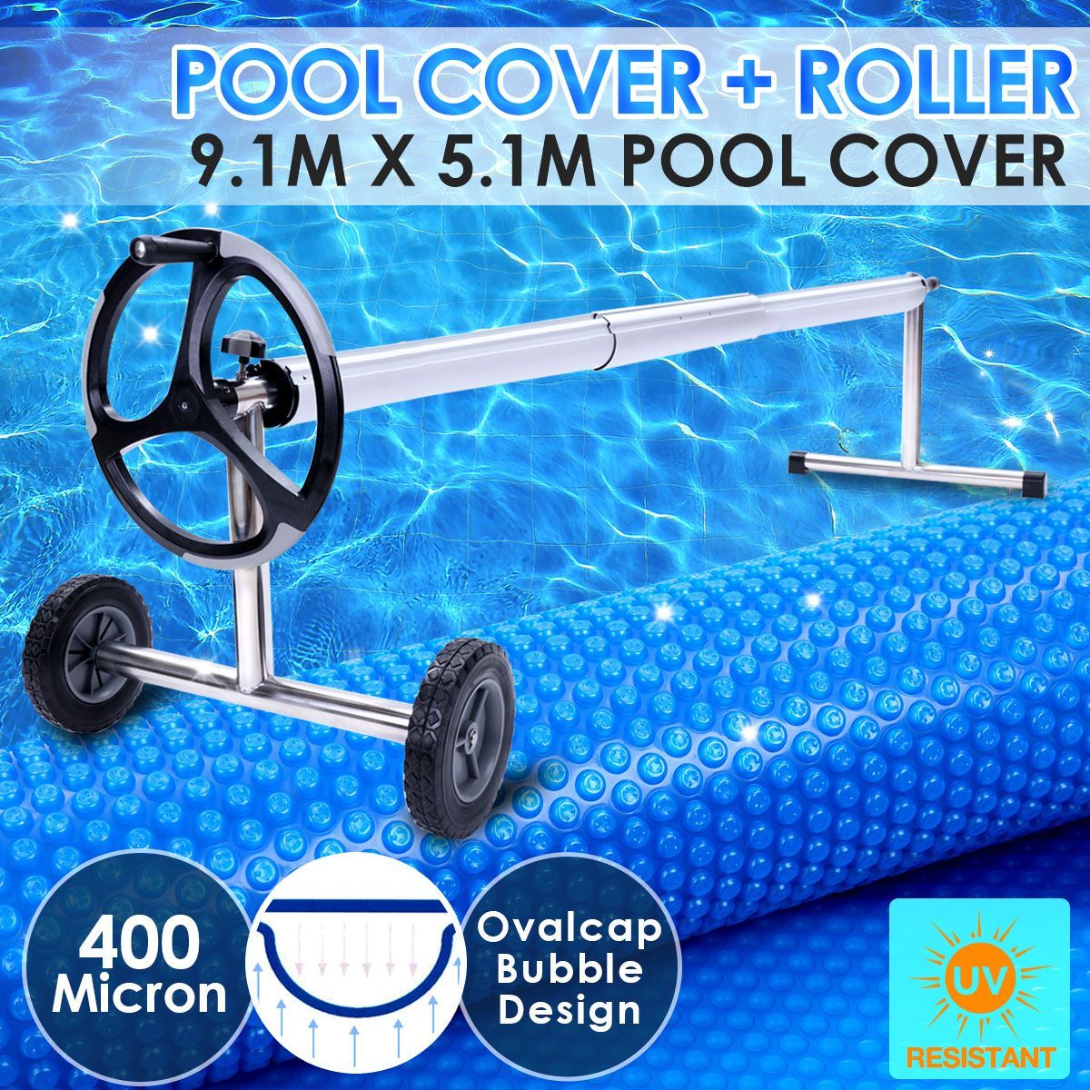 400 Micron Solar Swimming Pool Cover Blanket 9M x 5M+Roller Wheel