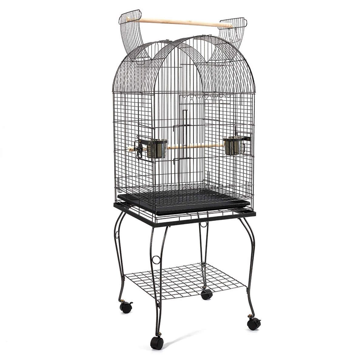 Pet Bird Cage with Stainless Steel Feeders - Black