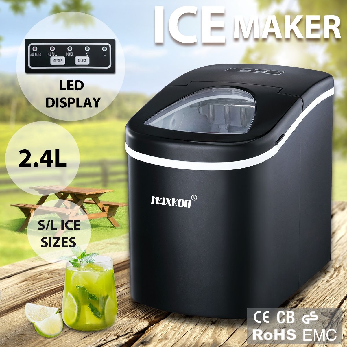 2.4L Portable Ice Maker Easy Sizes S/L with LED Display 