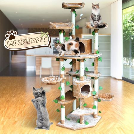 Cat Tree Scratching Tower Posts Poles Climbing Condo Scratcher Modern Pet Play House Furniture Multi Levels 2.1m Beige