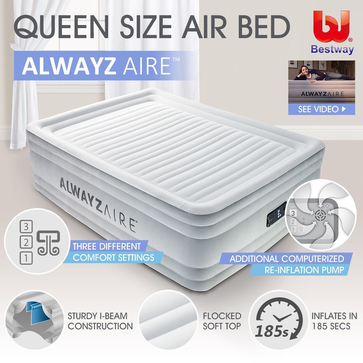 Bestway AlwayzAire Mattress Electric Air Pump Bed Queen Size