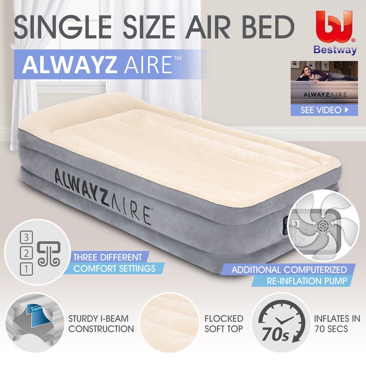Bestway AlwayzAire Mattress Electric Air Pump Bed Single Size