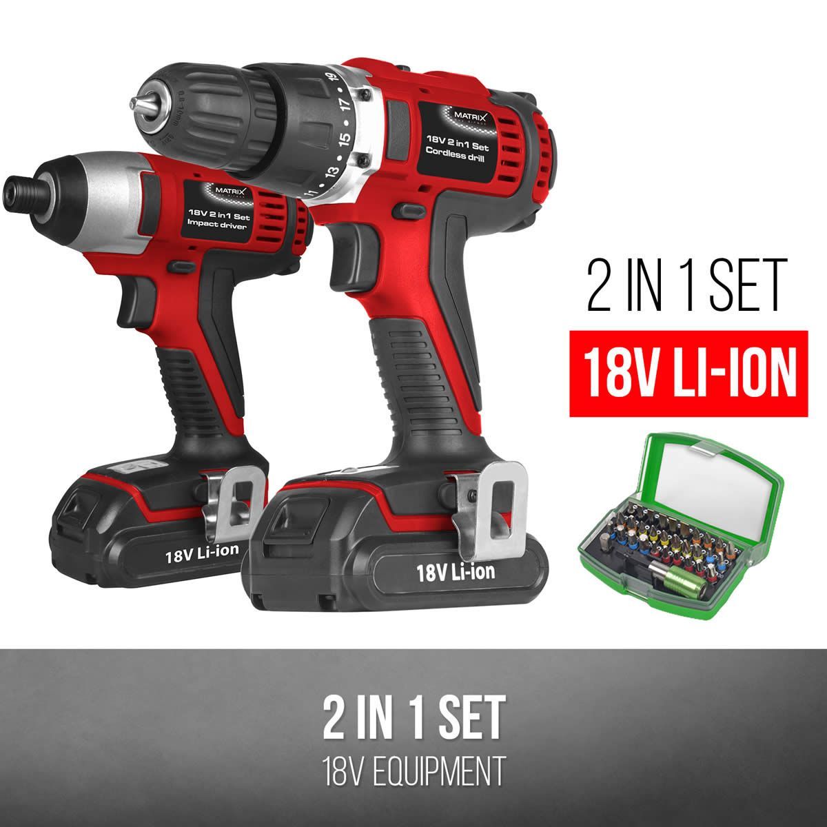 Matrix 18V LiIon Cordless Drill Impact Driver Batteries Charger with