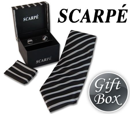 SCARP Silk Tie, Cufflink and Handkerchief Gift Box Set - Black & Grey Striped