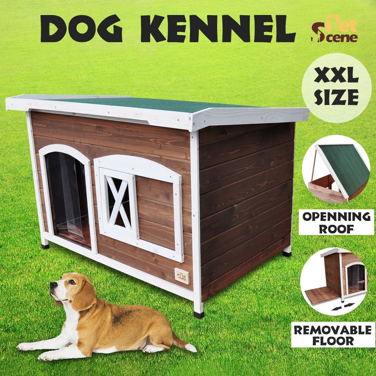 XXL Flat Roof Wooden Dog House Kennel