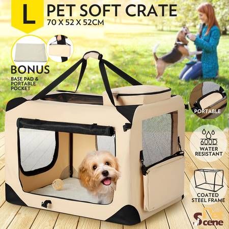 Large Dog Crate Pet Carrier Cat Travel Foldable Kennel Soft Portable Cage Beige