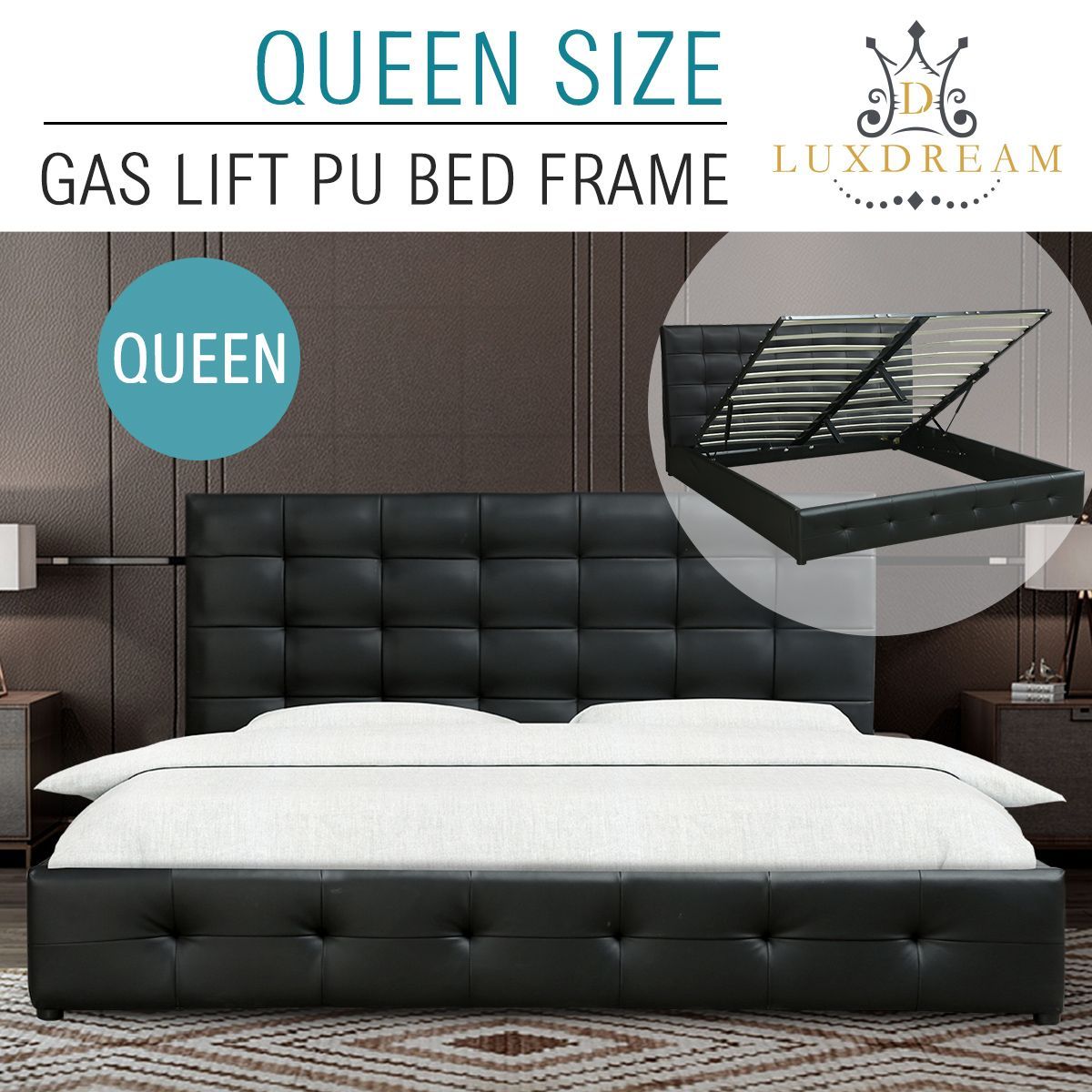 LUXDREAM Black PU Leather Gas Lift Bed FrameQueen