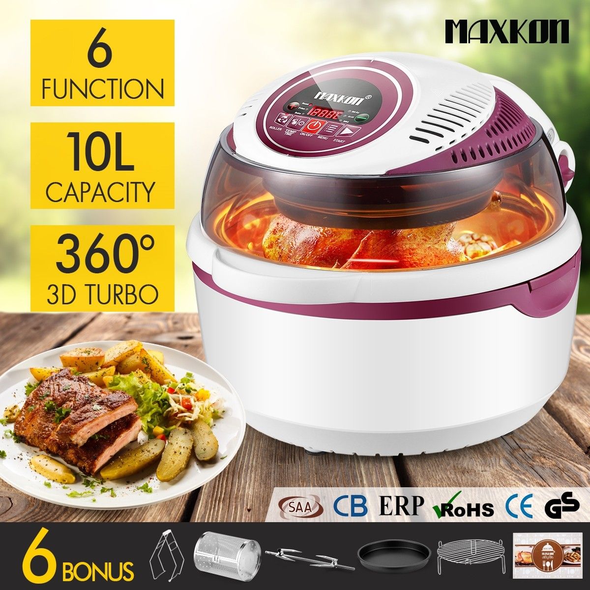 6in1 Portable 10L Digital Turbo Low Oil Air Fryer Convection Oven Cooker Peach