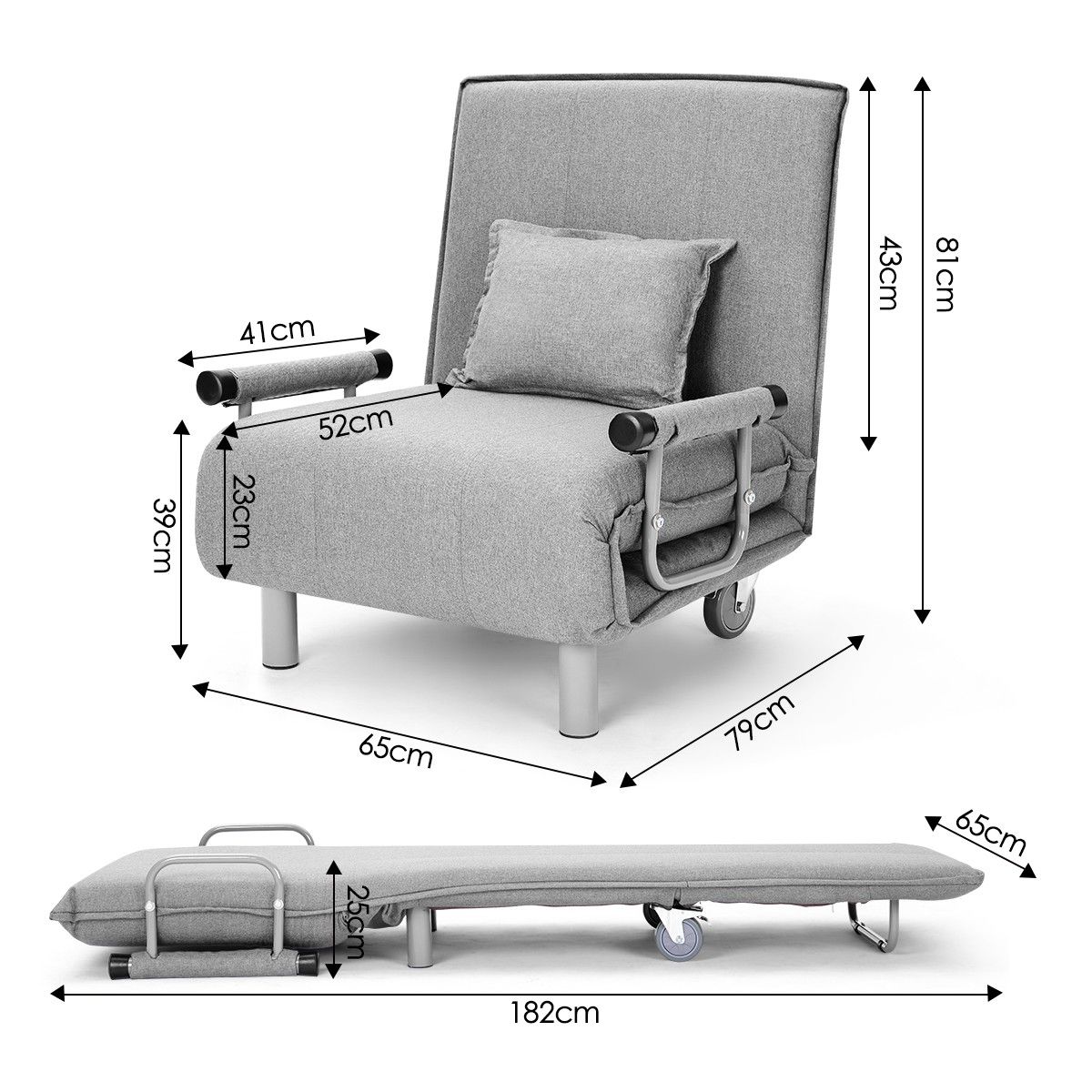 Portable Folding Rollaway Bed/Chair with MattressSingleGrey Crazy Sales