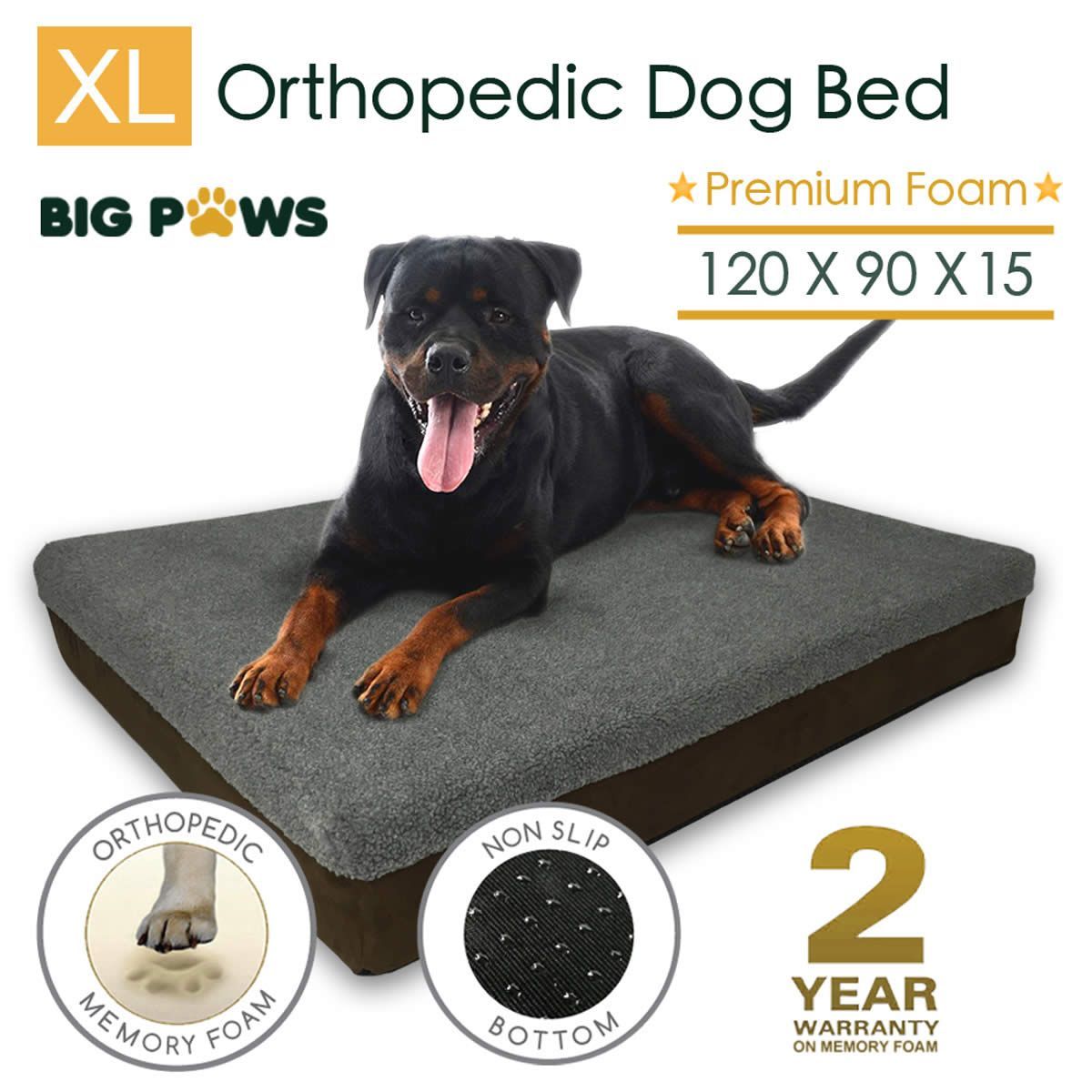 Big Paws 15cm Thick Extra Large 100% Memory Foam Dog Bed Orthopedic Pet Kennel Cushion - Brown