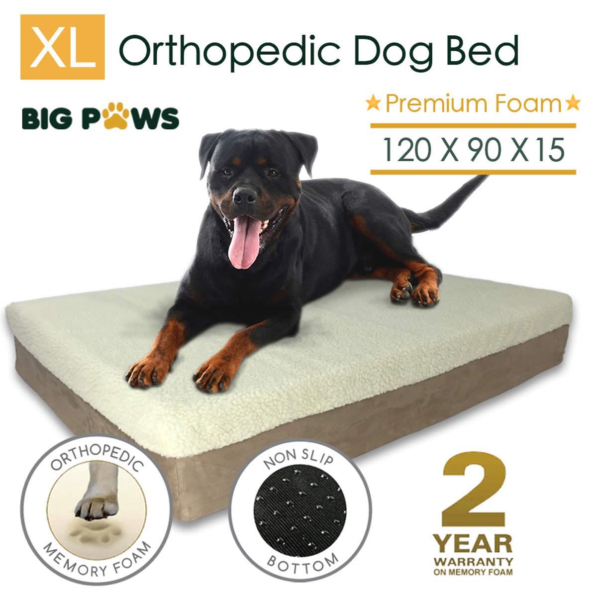 Big Paws 15cm Thick Extra Large 100% Memory Foam Dog Bed Orthopedic Pet Kennel Cushion - Beige