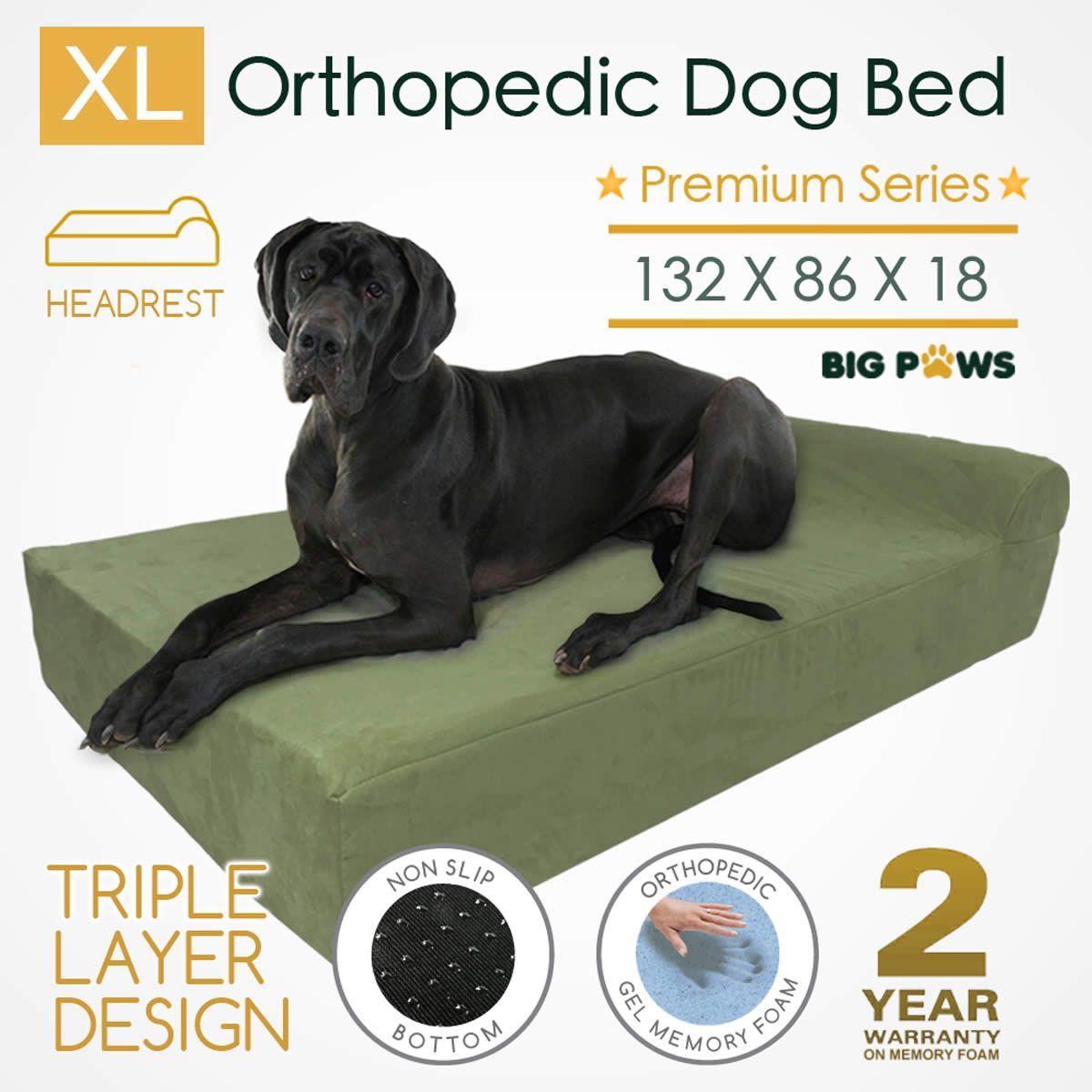 Big Paws Memory Foam Extra Large Dog Bed Orthopedic Dog Beds Cushion Bolster - Green