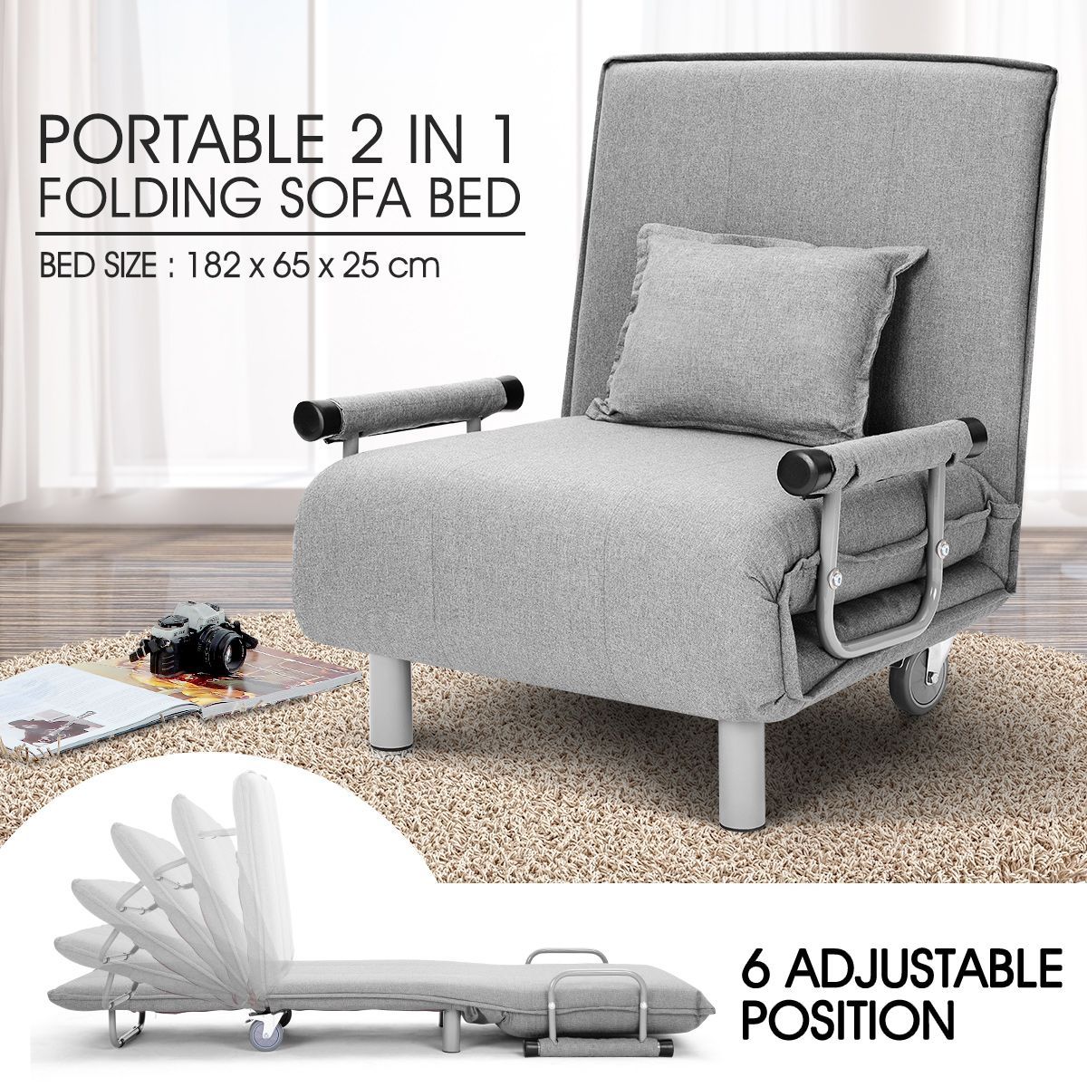 Portable Folding Rollaway Bed/Chair with MattressSingleGrey