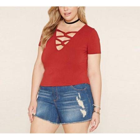 Kiss Milk Women Plus Size Crisscross V Neck T Shirt - 