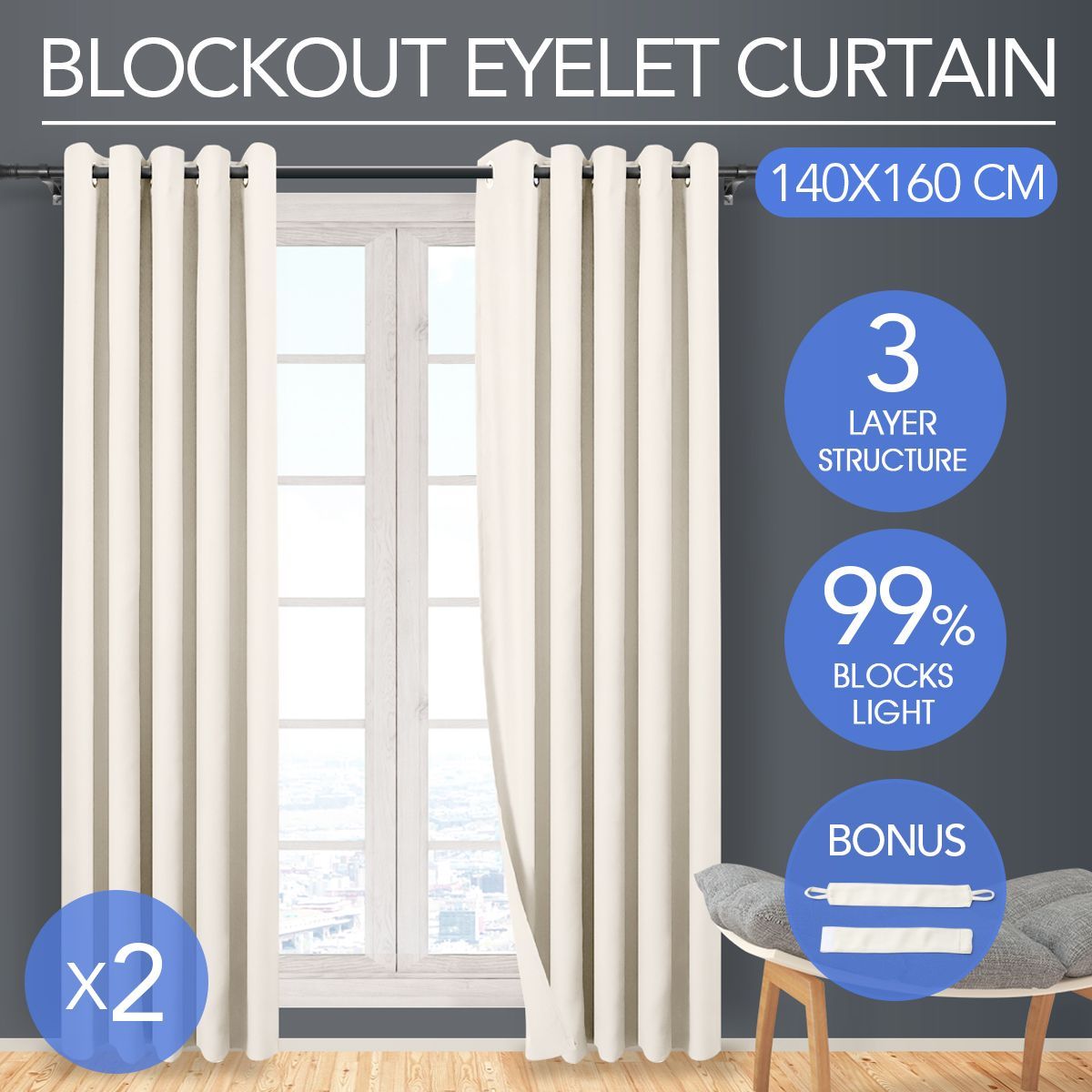 2x Blockout Curtain-140cm x 160cm-Ecru