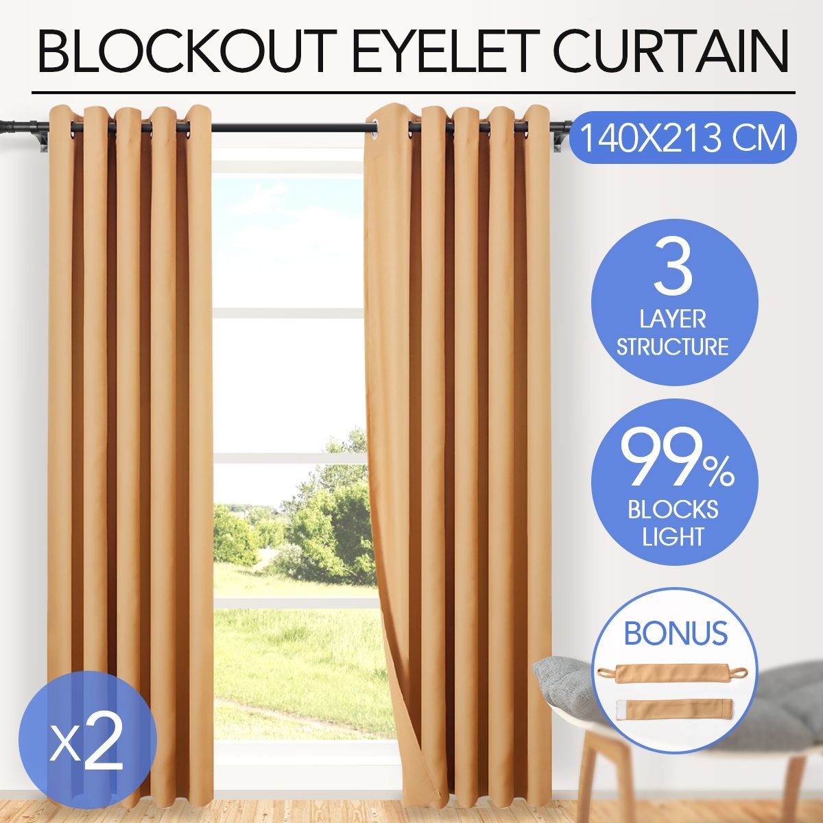 2x Blockout Curtain-140cmx213cm-Latte 