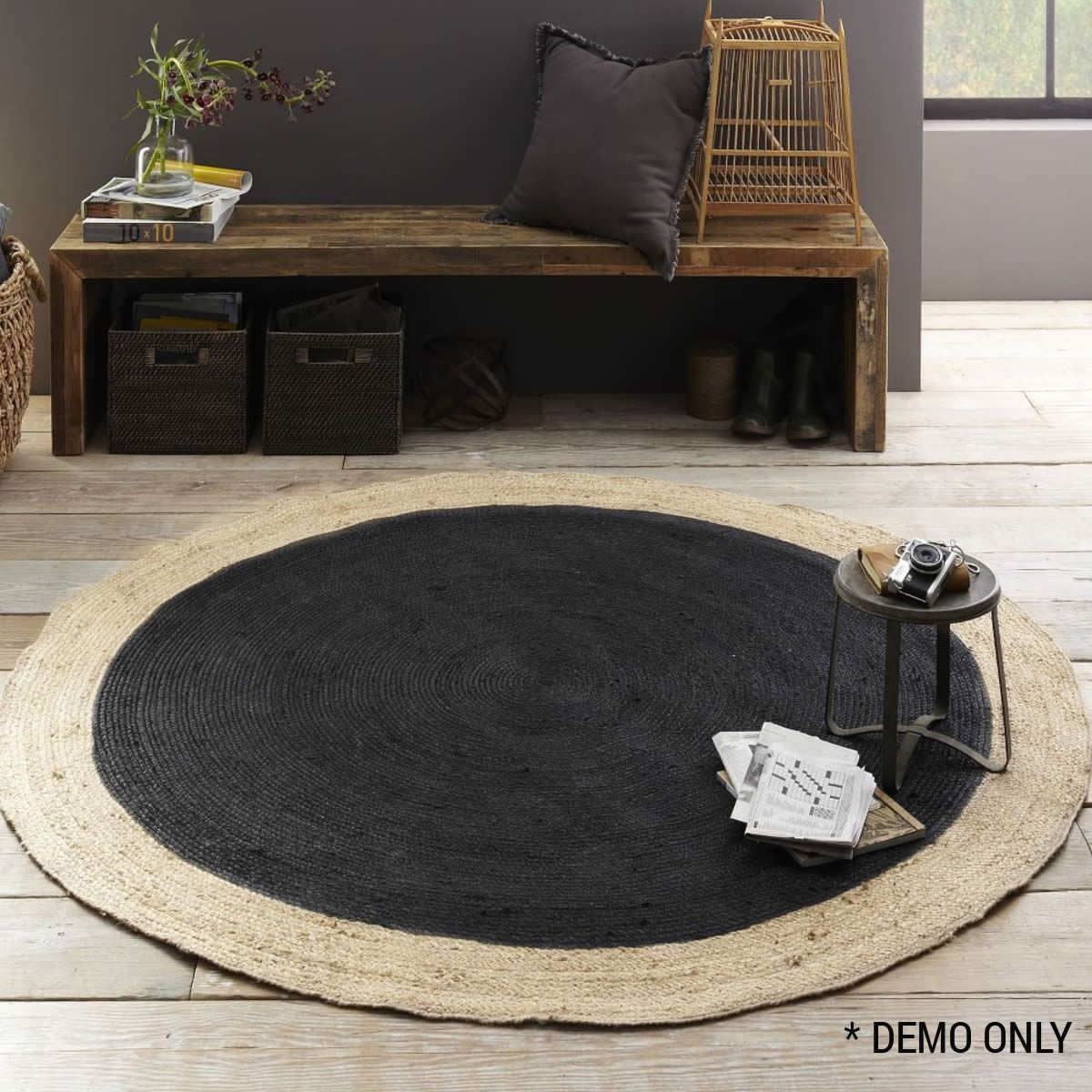 Jute Round Black Rug 200x200cm Black & Natural Crazy Sales