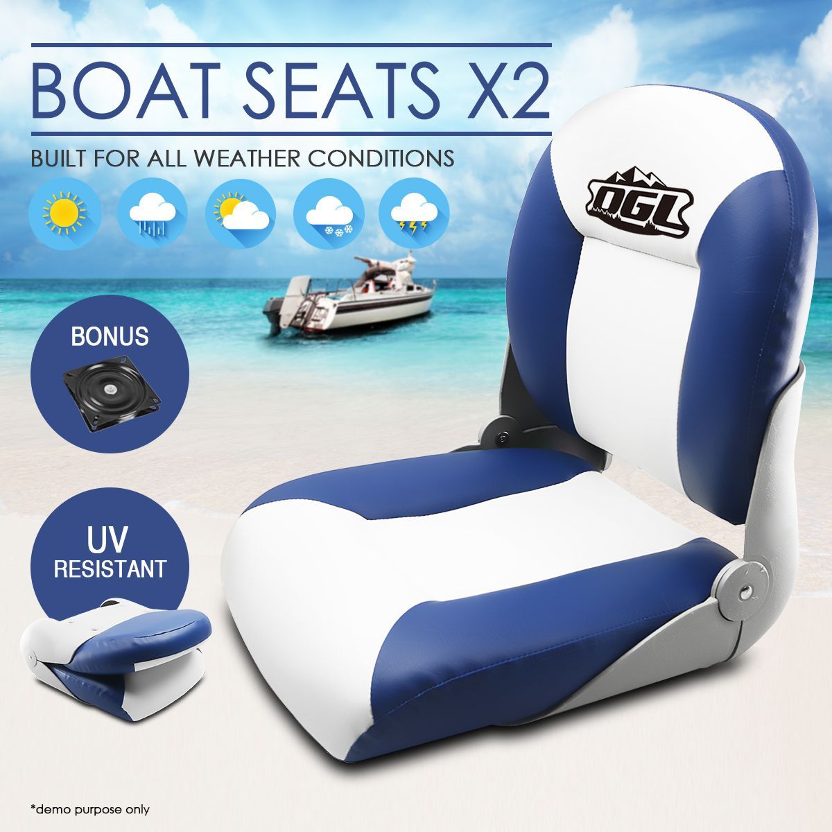 2 x OGL Boat Seats Folding & Swivel Blue/White