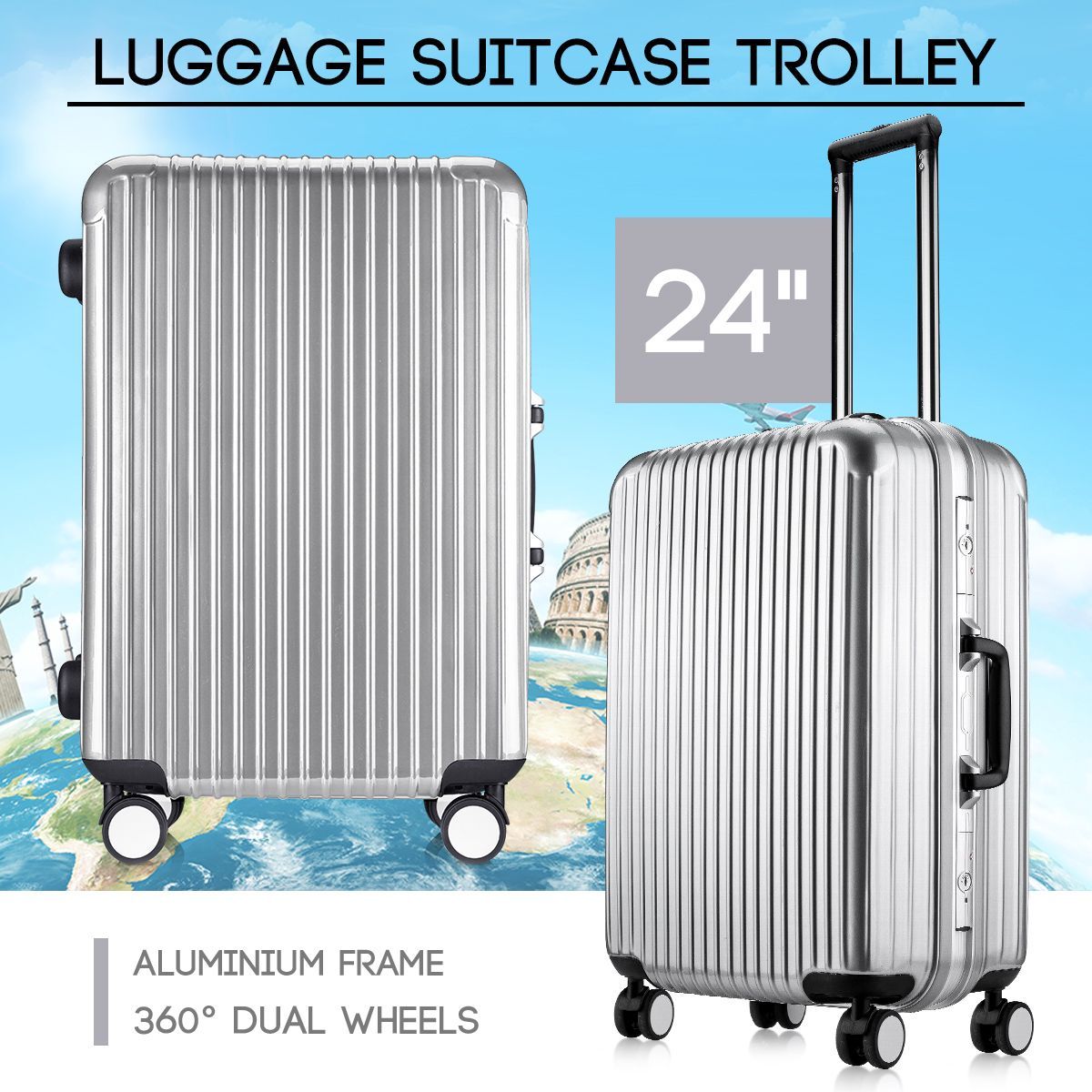 24" Silver Lightweight Hard Case Aluminum Luggage Suitcase Trolley