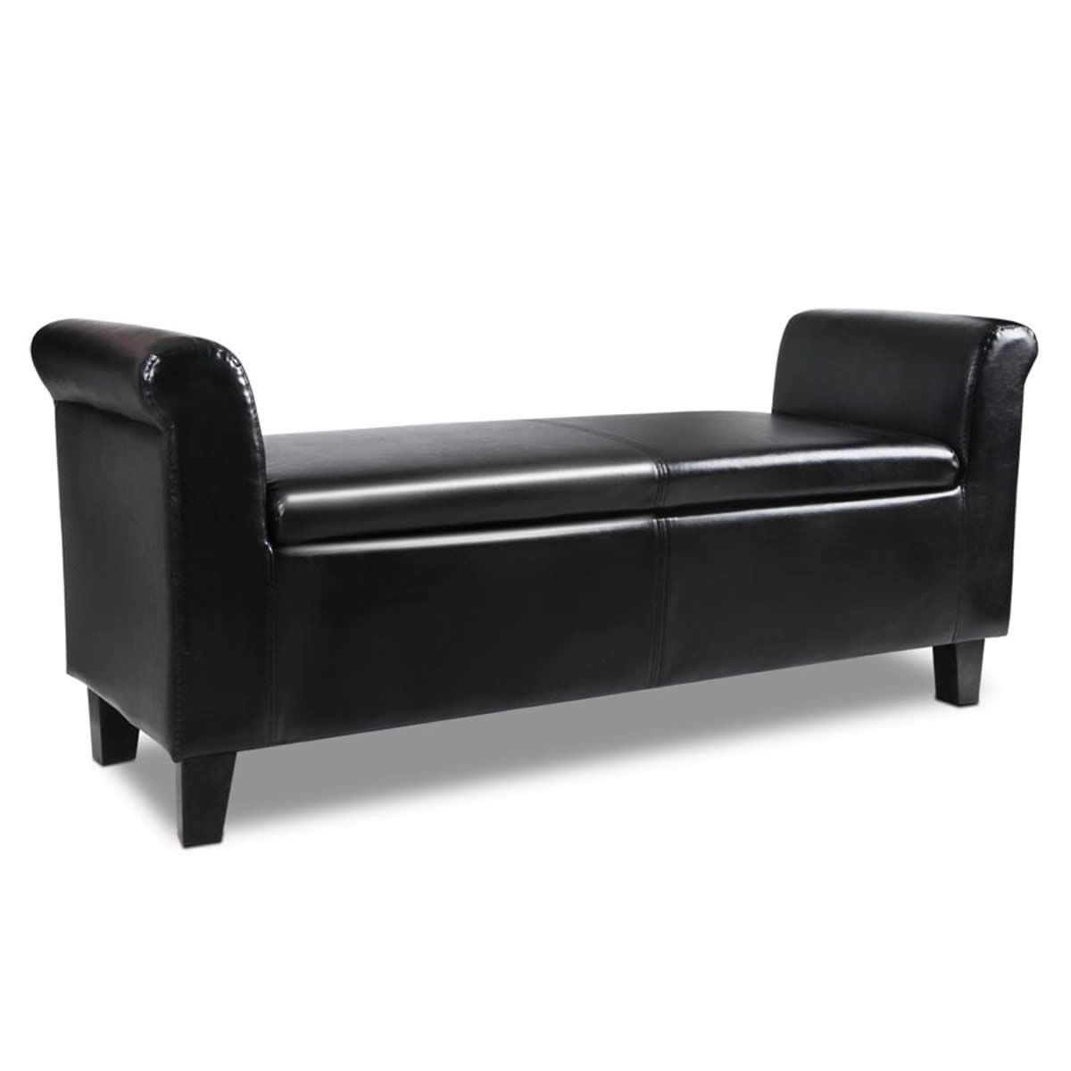 PU Leather Storage Ottoman Bench with Armrests - Black