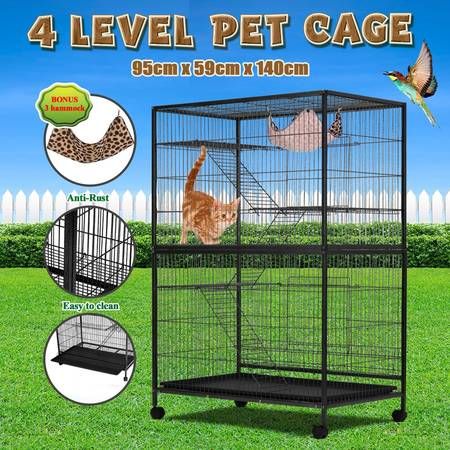 Cat House Pet Hamster Animal Home Rabbit Hutch Ferret Aviary Bird Cage Powder Coated Frame Bottom Lock 4 Levels