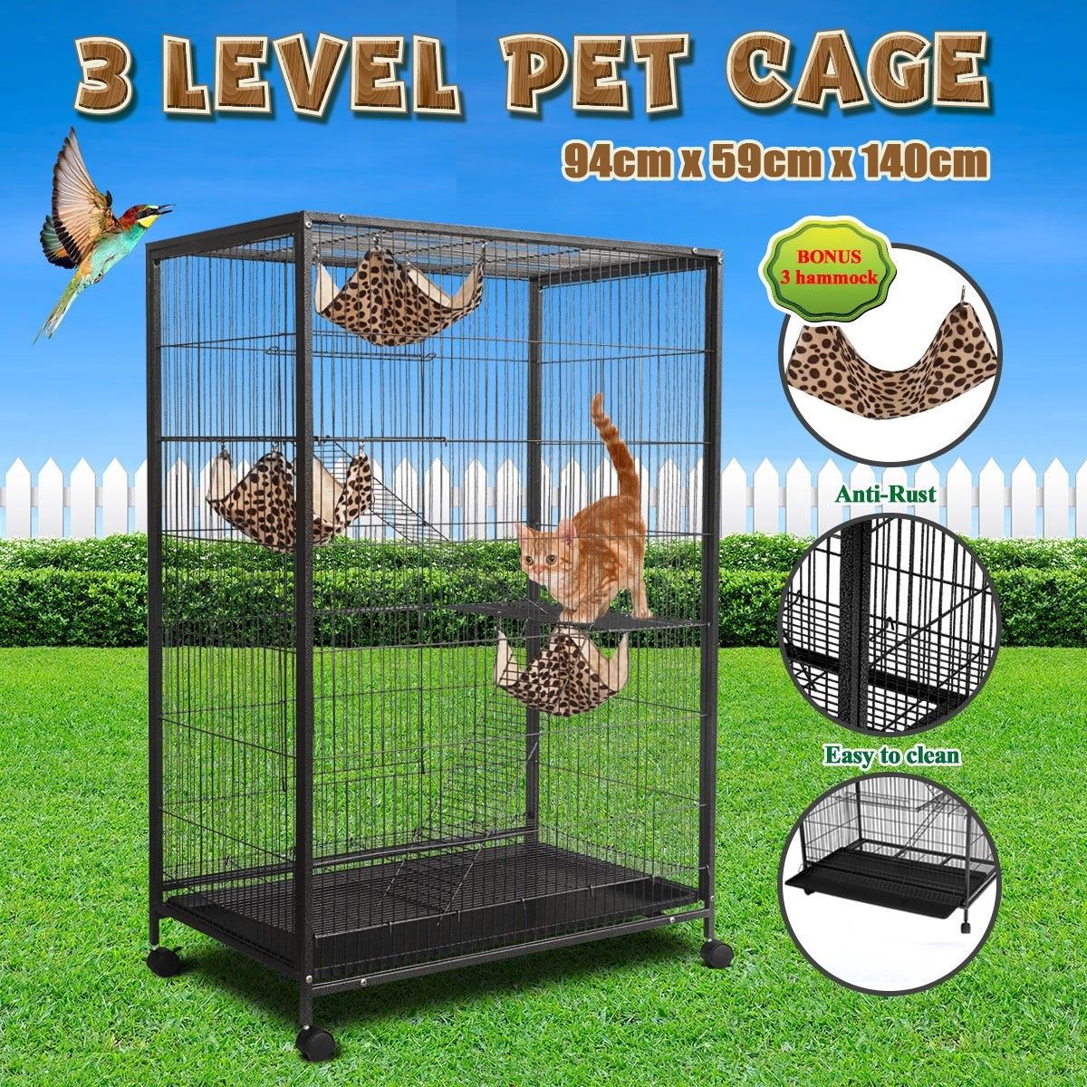 Heavy Duty Pet CAT Cage for Small Animals with Coaster Wheels