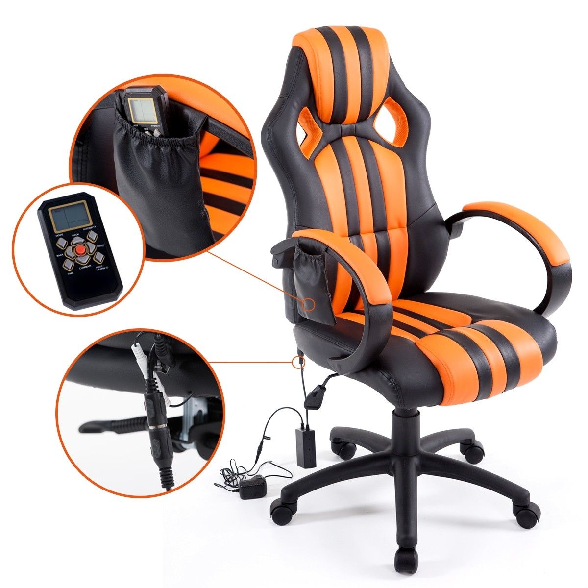 Heated Massage Office Chair Wireless 8 Point Racing Chair Pu Orange