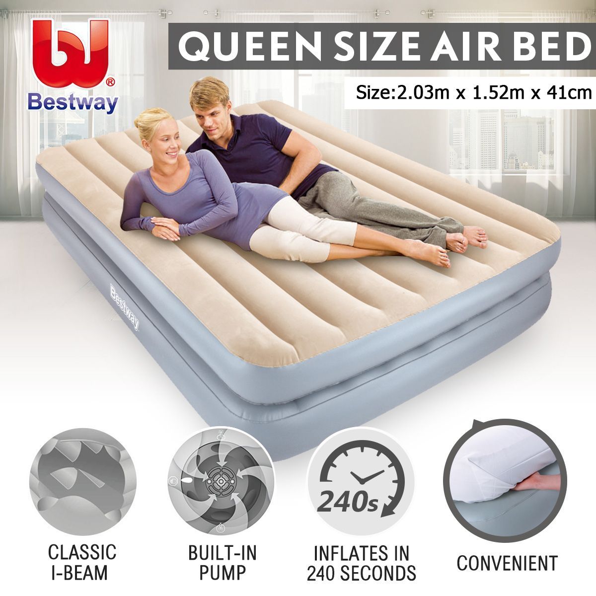 Bestway SleepLux Inflatable Mattress with Builtin Pump Queen Air Bed